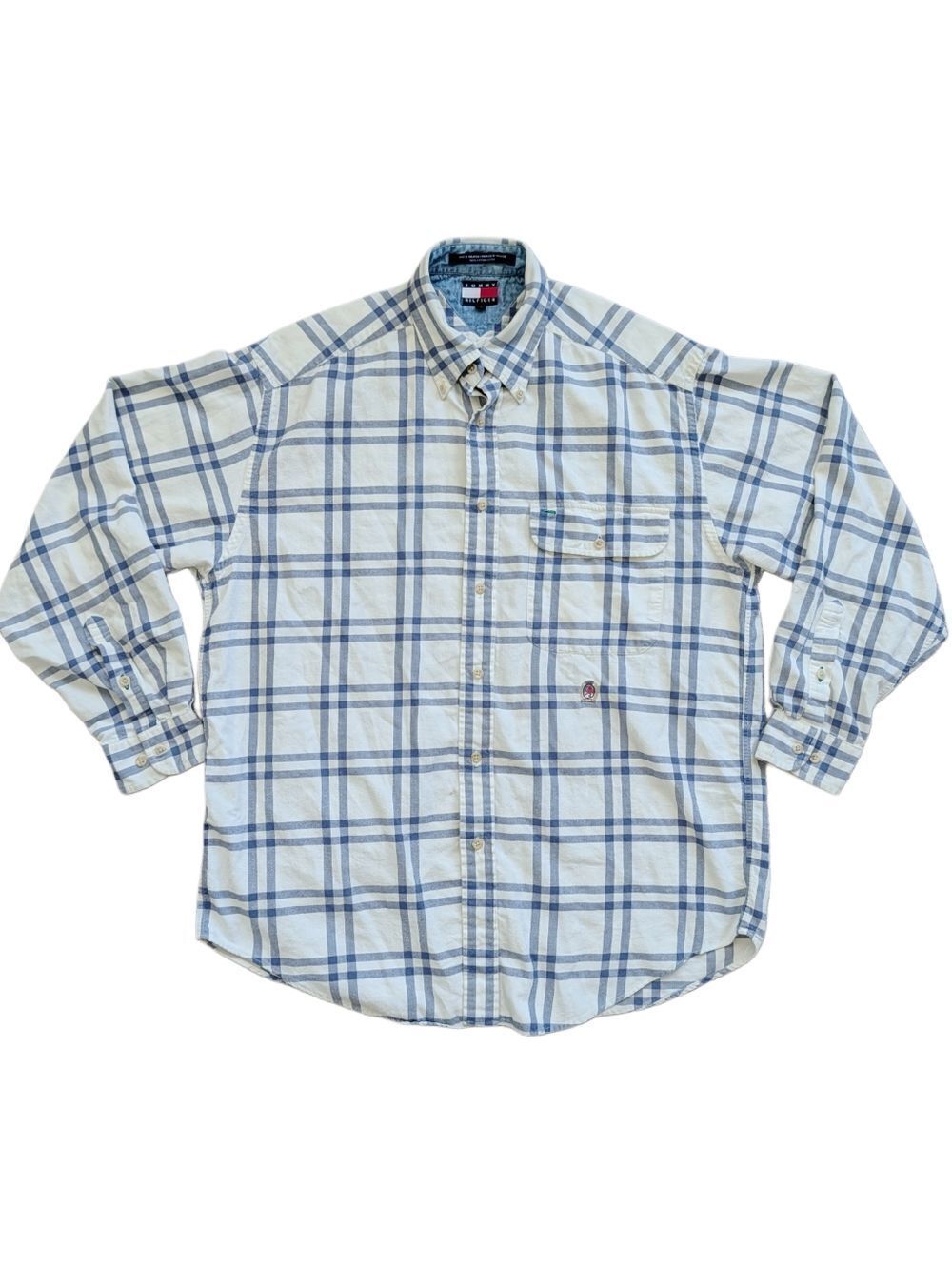 Tommy Hilfiger Mens Blue White Plaid Button Up long Sleeve Cotton Shirt Medium